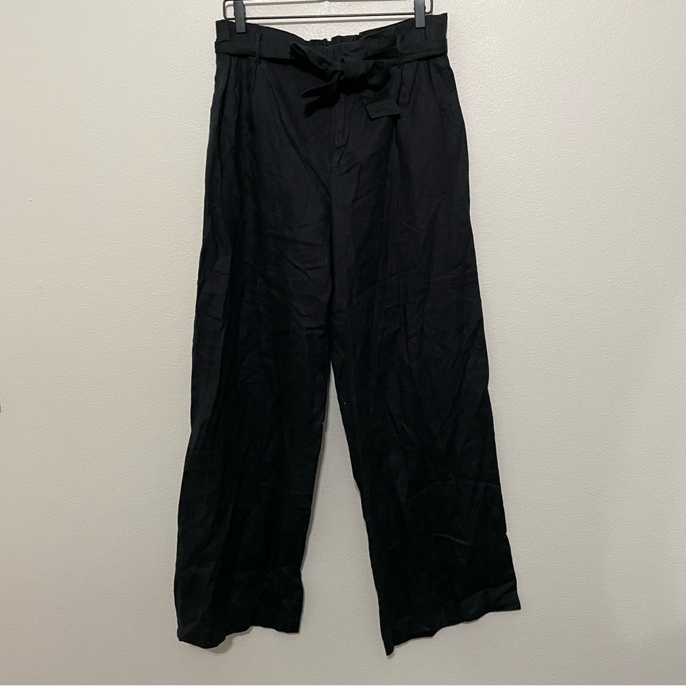 Mango Tie waist paper bag wideleg linen trousers women’s black sz.S - Picture 3 of 5